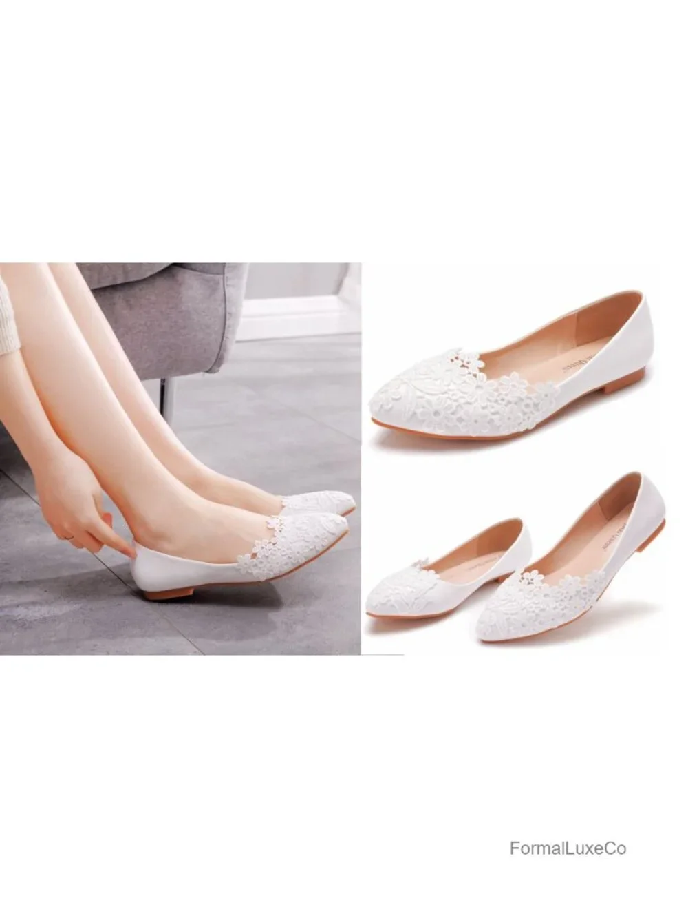 Wedding Lace Flats Pointed Toe Crystal Embellished Party Dance Shoes